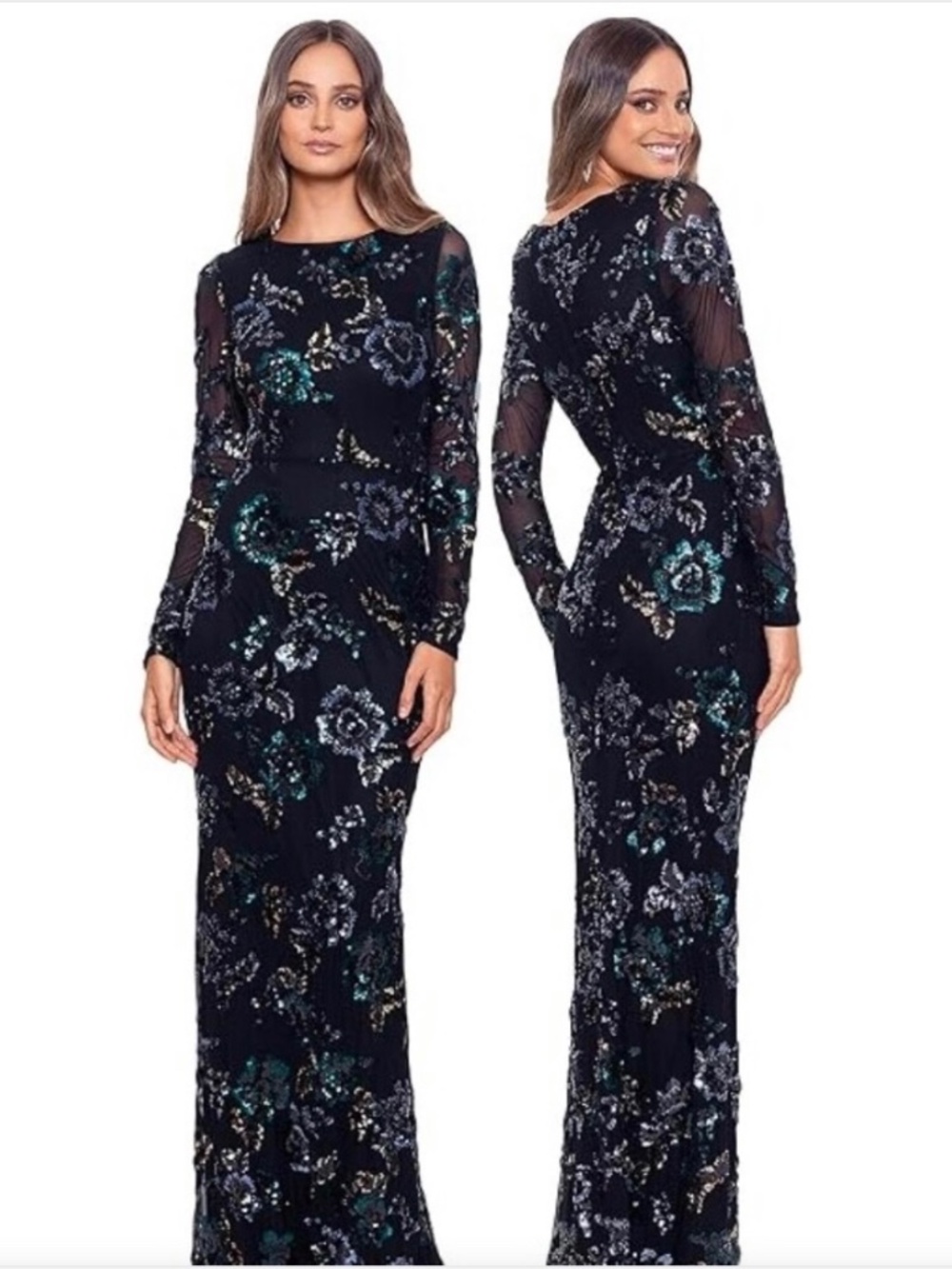 Betsy & Adam Floral Sequin Full Length Dress Gown size 6 Black & Teal Roses